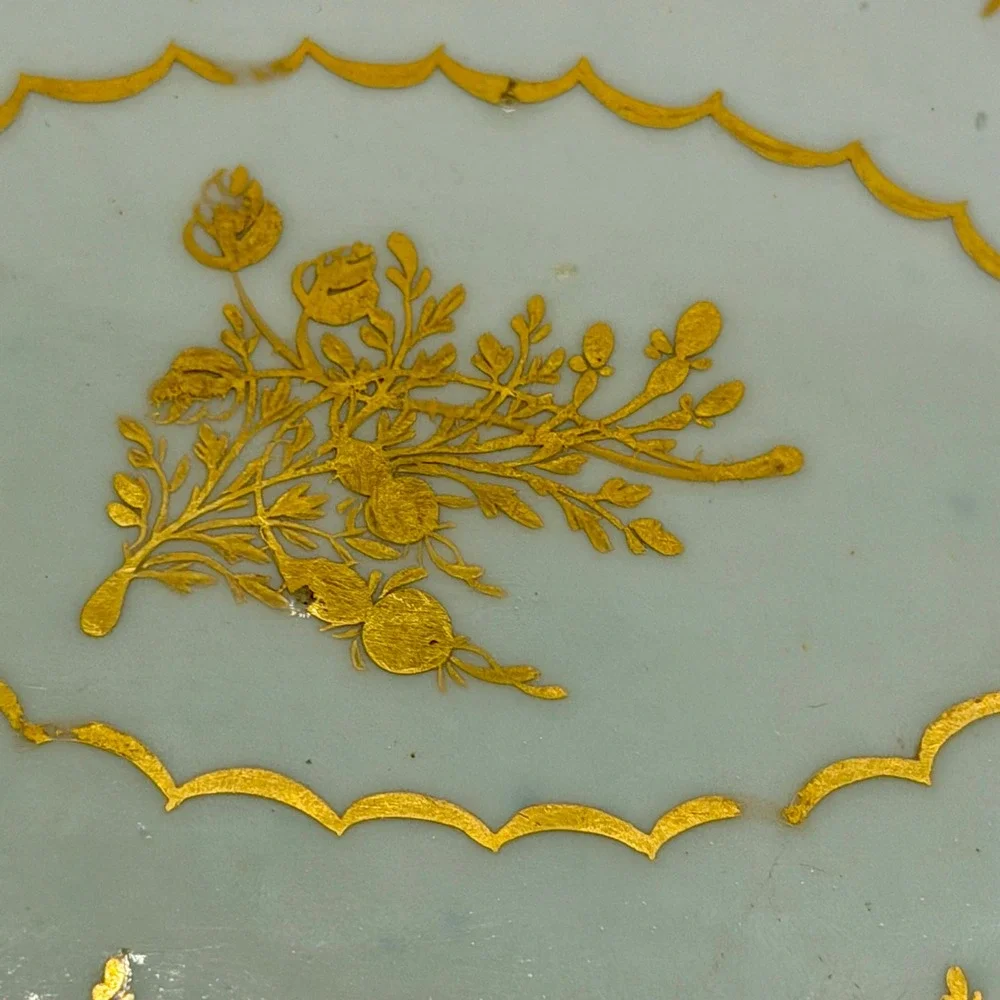 Antique‎ Cobalt Blue Gold Gilt Porcelain Oval Trinket Dish Floral Scalloped Rim